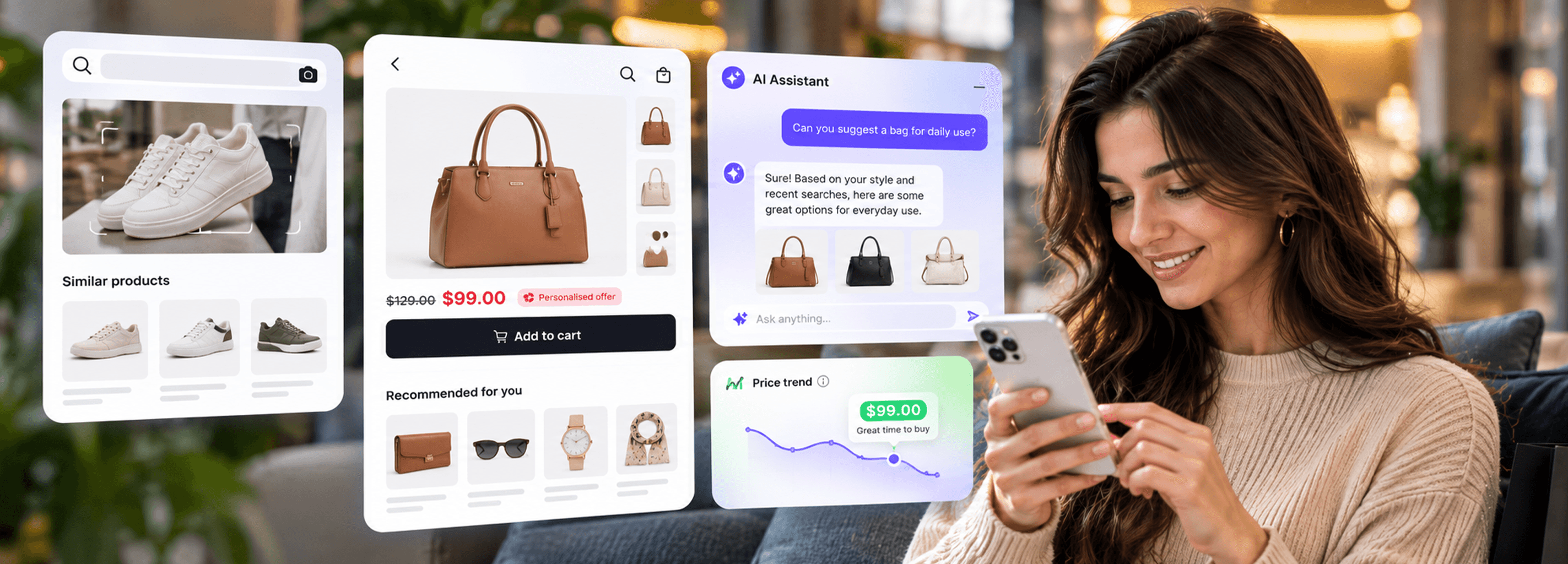 AI-powered eCommerce app showing personalized product recommendations and visual search on a smartphone.