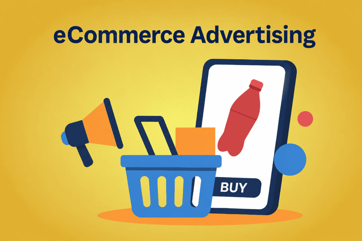 eCommerce advertising illustration with a shopping basket and product ad.